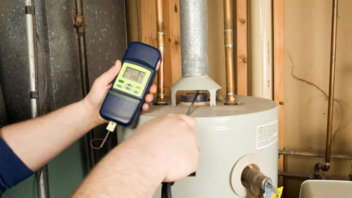 Plumber testing a water heater with a multimeter during a repair